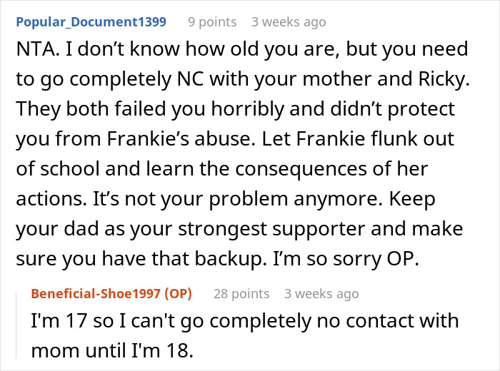 Reddit comment discussing bullying survival and family issues involving mom&rsquo;s stepkid.