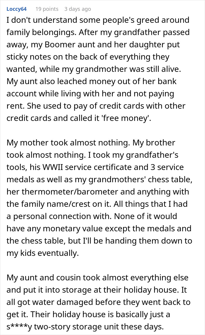 Text describing family greed over heirlooms and unexpected value in personal connections. Text describing family greed over heirlooms and unexpected value in personal connections.