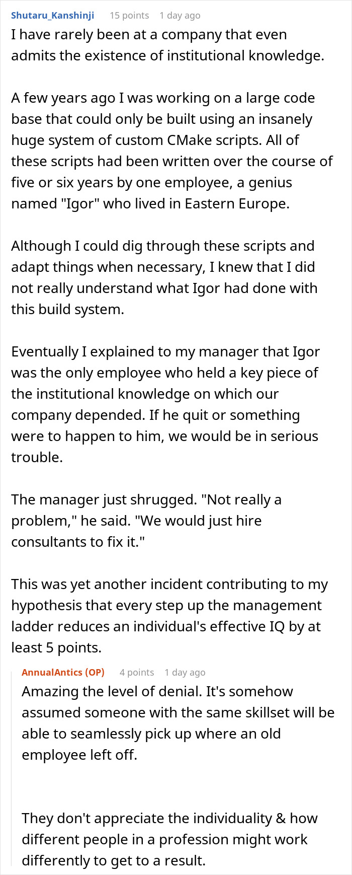 Reddit discussion on management, institutional knowledge, and software team issues.