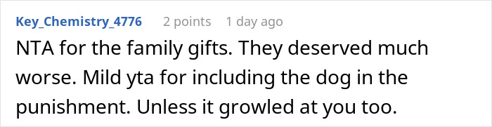 Comment about family gifts discussing husband's actions, mentioning the dog included in punishment.