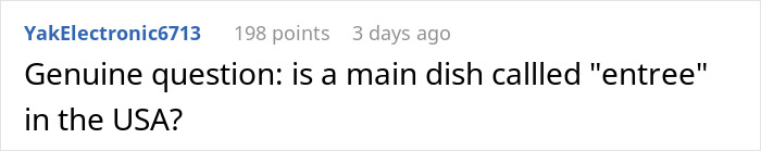 Reddit comment asking if a main dish is called "entree" in the USA, part of a dining and dash discussion.