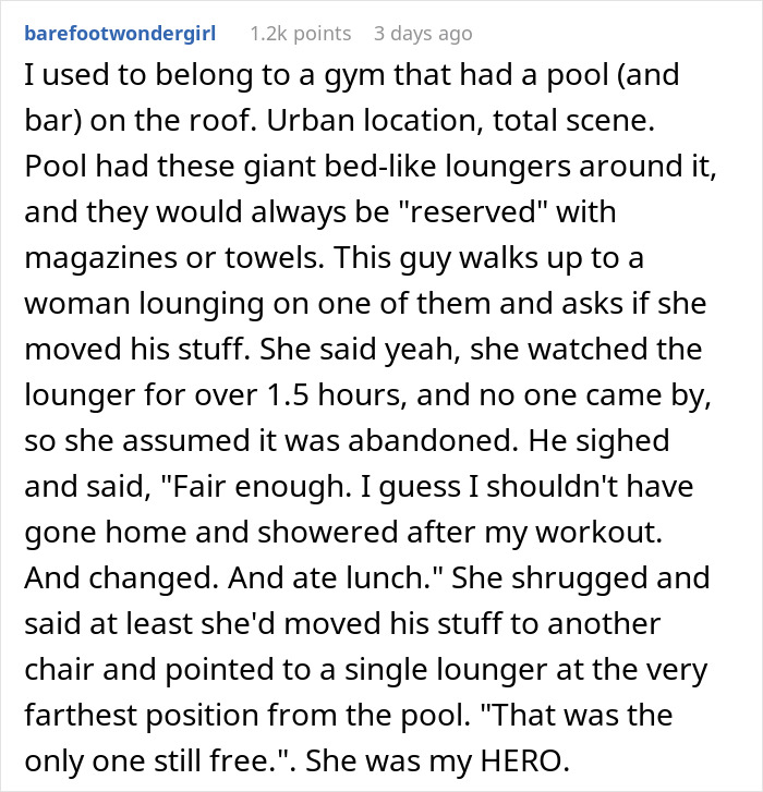 Text conversation about a man taking petty revenge on selfish resort guests by removing abandoned items from loungers.