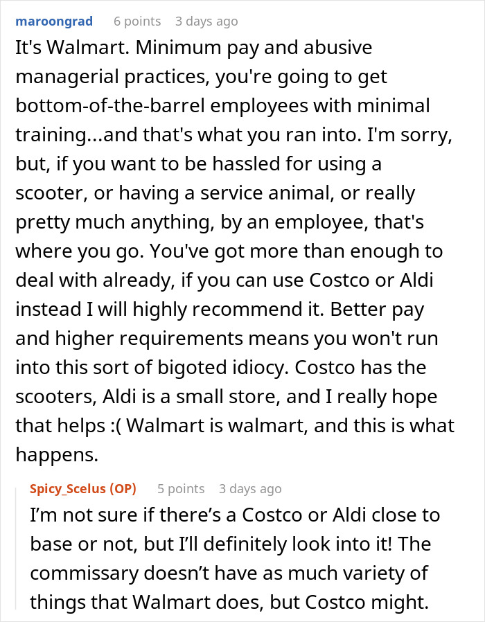 Reddit comments discussing Walmart employee behavior and recommending Costco or Aldi instead.