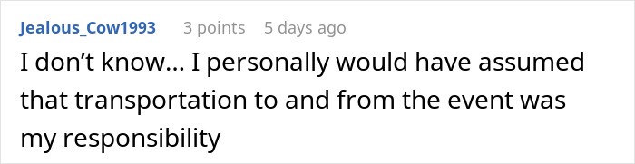 Comment discussing transportation responsibility at a newlyweds' event. Comment discussing transportation responsibility at a newlyweds' event.