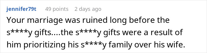 Reddit comment discussing a husband prioritizing his family over his wife, hinting marriage issues.