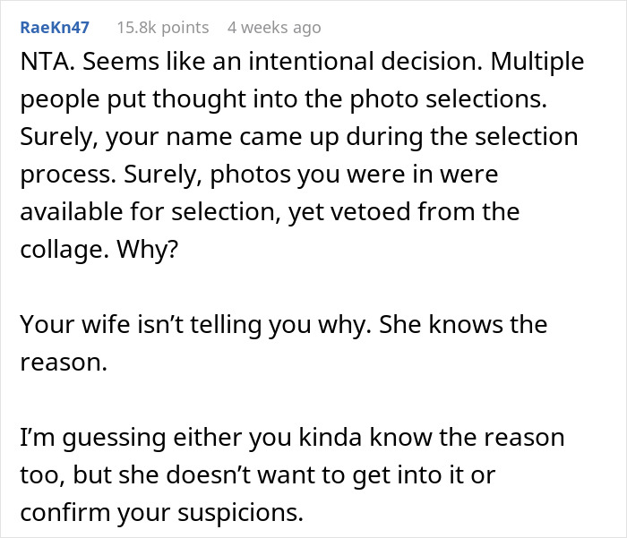 Comment discussing husband's absence from anniversary collage, questioning wife's silence on the decision. Comment discussing husband's absence from anniversary collage, questioning wife's silence on the decision.