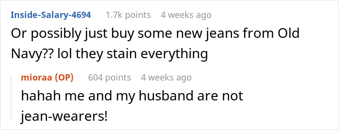 Online user jokes about stains and jeans, with a humorous reply about not wearing jeans.