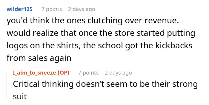 Screenshot of Reddit comments discussing school dress code loophole and compliance issues. Screenshot of Reddit comments discussing school dress code loophole and compliance issues.