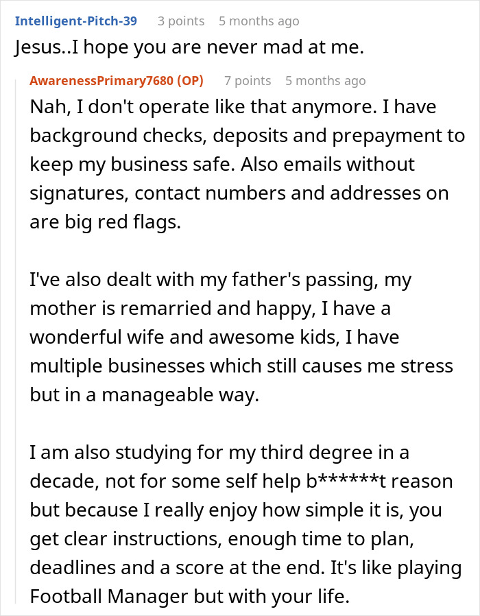 Reddit conversation about dealing with non-paying clients and personal growth over 8 years of revenge.