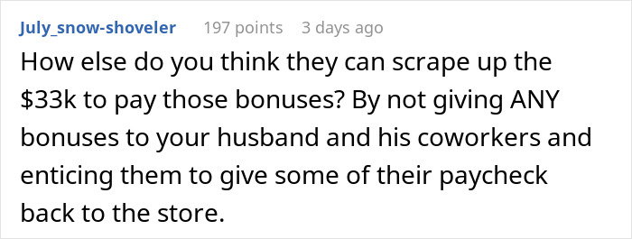 Comment on unfair bonuses, worker gets store discount, manager gets $11k. Comment on unfair bonuses, worker gets store discount, manager gets $11k.