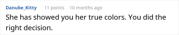 Reddit comment about refusing to pay for wedding costs after being uninvited.