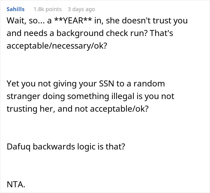 Text discussing concerns about a girlfriend's request for boyfriend's Social Security Number for a background check. Text discussing concerns about a girlfriend's request for boyfriend's Social Security Number for a background check.