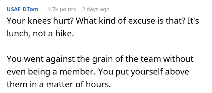 Text exchange discussing reasons related to eating lunch in the office.