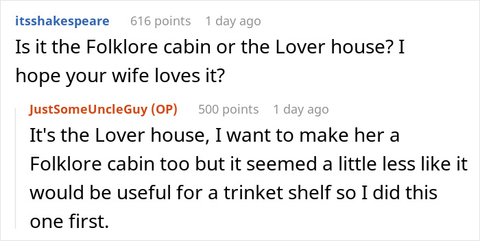 Reddit comments about a replica house, with one user confirming it's the Lover house made for a wife. Reddit comments about a replica house, with one user confirming it's the Lover house made for a wife.