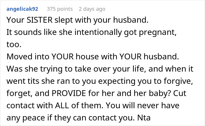 Reddit comment discussing a woman who slept with her sister's husband, causing family conflict. Reddit comment discussing a woman who slept with her sister's husband, causing family conflict.