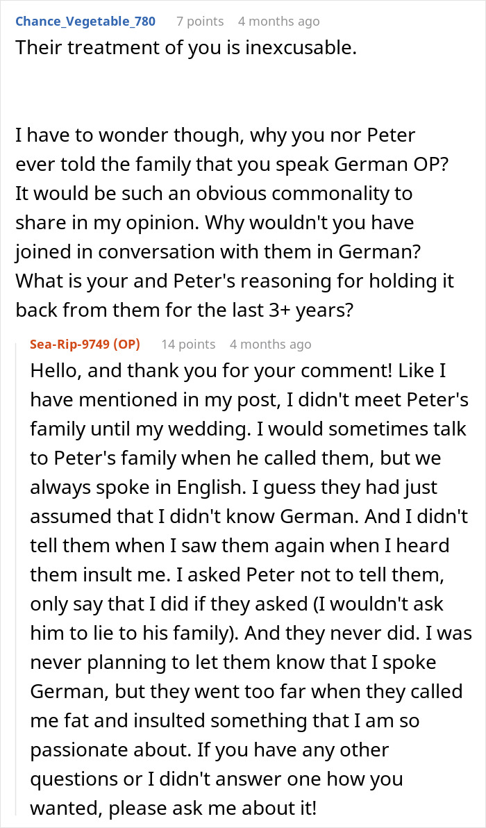 Canadian woman describes husband's family making comments about her in German in an online conversation. Canadian woman describes husband's family making comments about her in German in an online conversation.