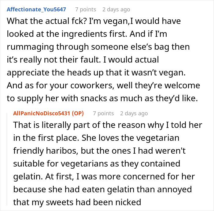 Reddit comment thread about a vegetarian food thief blaming coworker for snack incident.