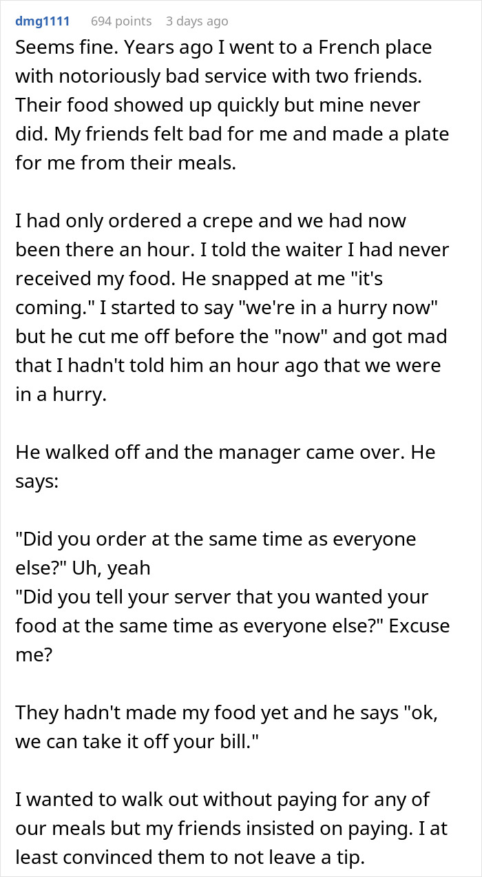 Text recounting a man's long wait for service at a French restaurant and ensuing dining experience.