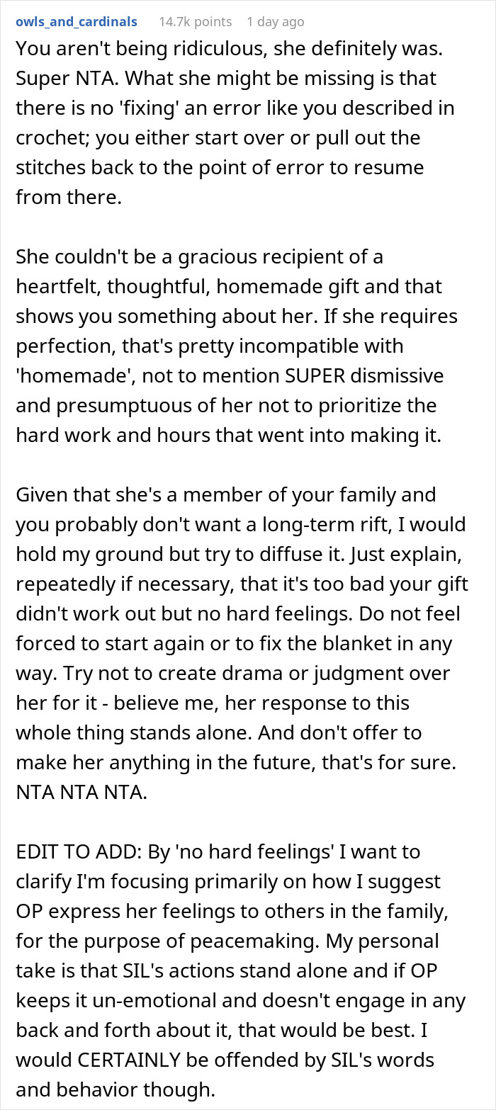 Reddit comment expressing frustration over demanding perfection for a handmade gift. Reddit comment expressing frustration over demanding perfection for a handmade gift.