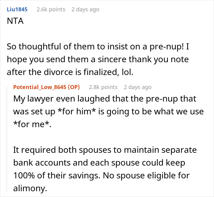 Text exchange discussing a prenuptial agreement, hinting at a husband's preference for family over wife.