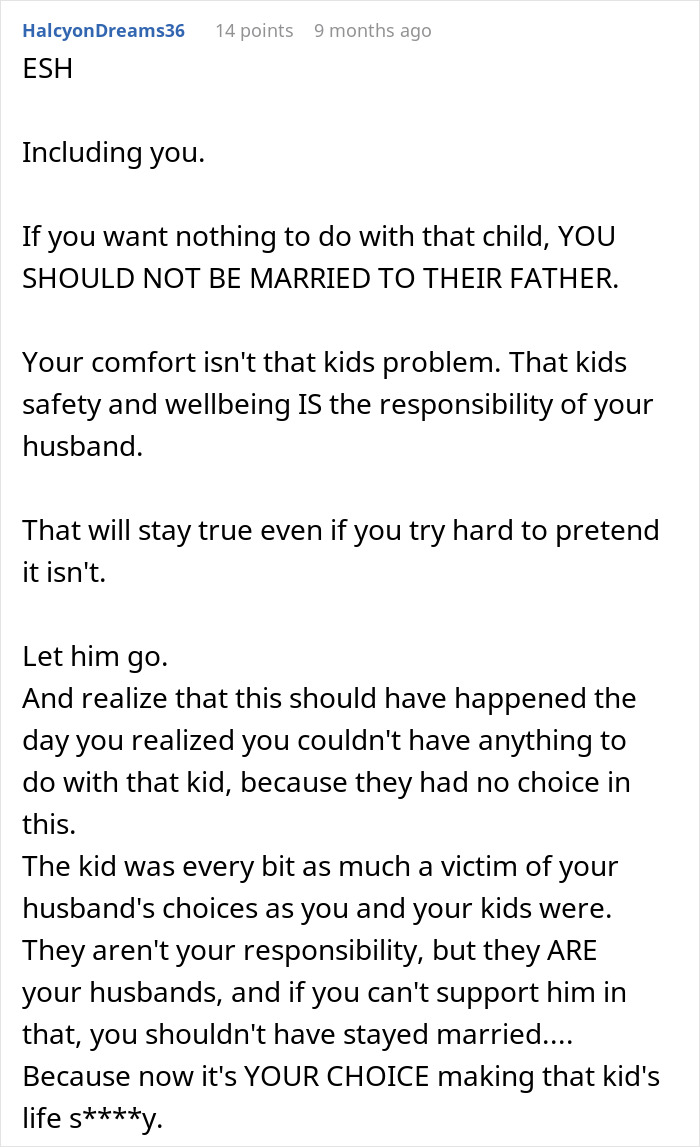 Comment discussing divorce or custody over affair child responsibilities.