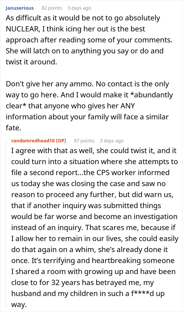 Reddit conversation text discussing a woman's shock after her sister's betrayal involving CPS.