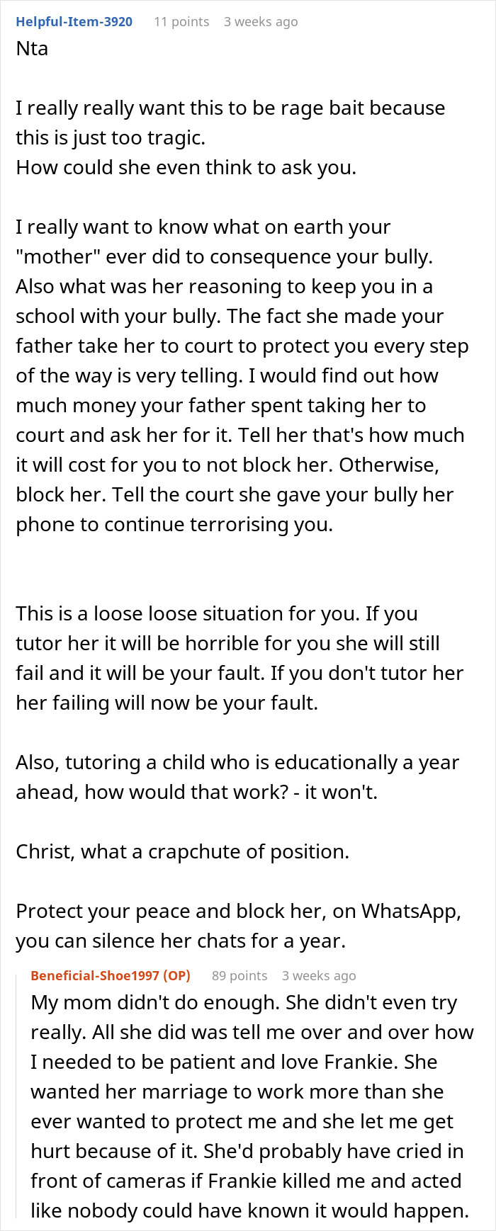 Reddit comments discussing bullying by mom's stepkid and tutoring request.