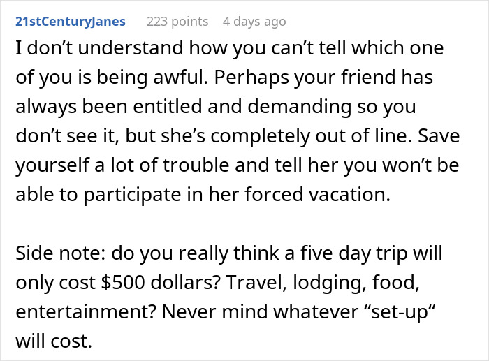 Screenshot of a text comment discussing bachelorette mini vacation drama and concerns about trip costs.