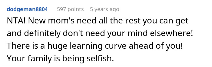 Reddit comment discusses mom guilt, advising rest for new moms facing family pressure.