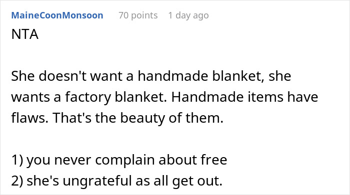 Comment discussing handmade gift demands and appreciation for handmade imperfections. Comment discussing handmade gift demands and appreciation for handmade imperfections.