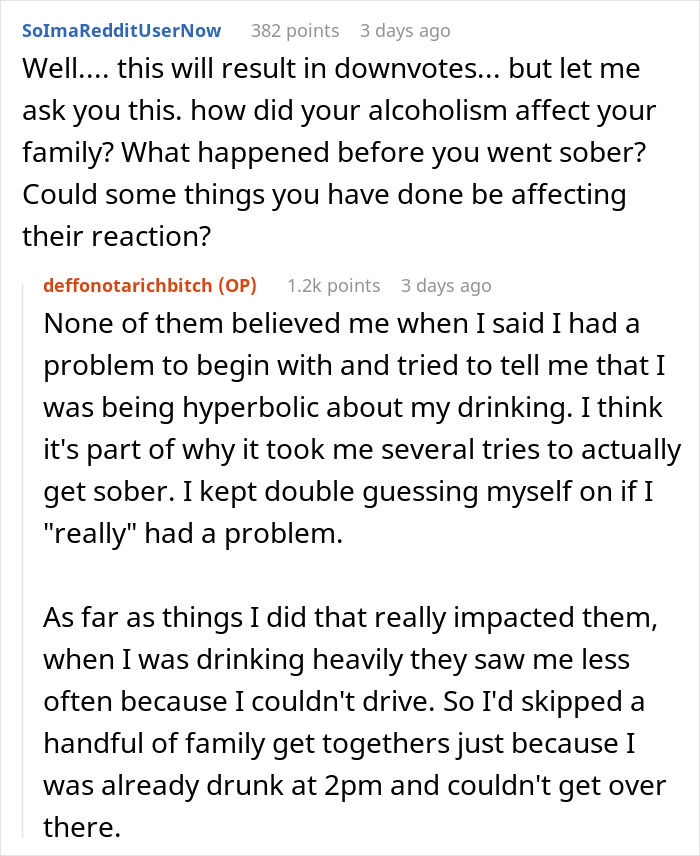 Reddit discussion about a woman upset over family ignoring her sobriety milestone. Reddit discussion about a woman upset over family ignoring her sobriety milestone.