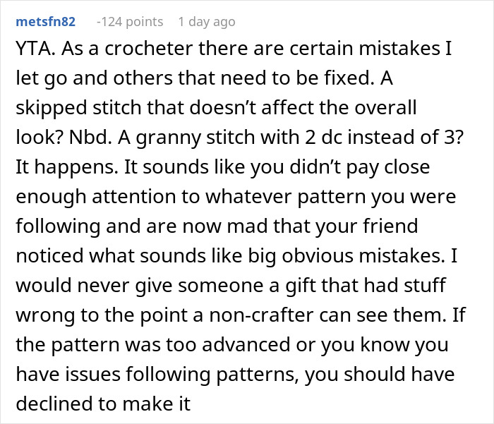 Text comment about crochet mistakes and handmade gift perfectionism. Text comment about crochet mistakes and handmade gift perfectionism.