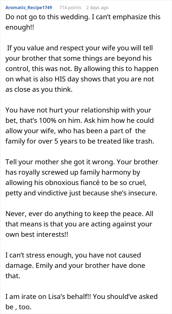 Text screenshot about refusing attention-seeking sister-in-law's presence at the wedding.