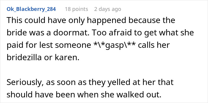 Reddit comment criticizing wedding caterer interaction with bride over menu disagreement.