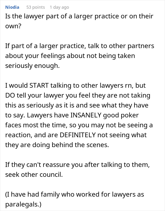 Text discussing strategies about consulting multiple lawyers for better representation and reassurance.