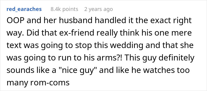 Reddit comment discussing how the bride and her husband managed a love confession from her male best friend.