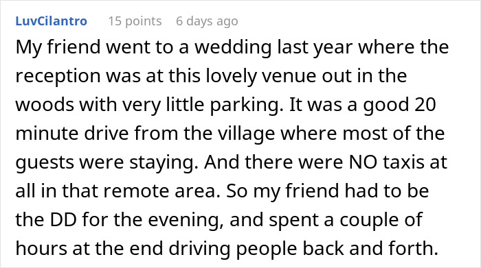 Text screenshot about a remote wedding where guests had transportation issues due to a lack of taxis. Text screenshot about a remote wedding where guests had transportation issues due to a lack of taxis.