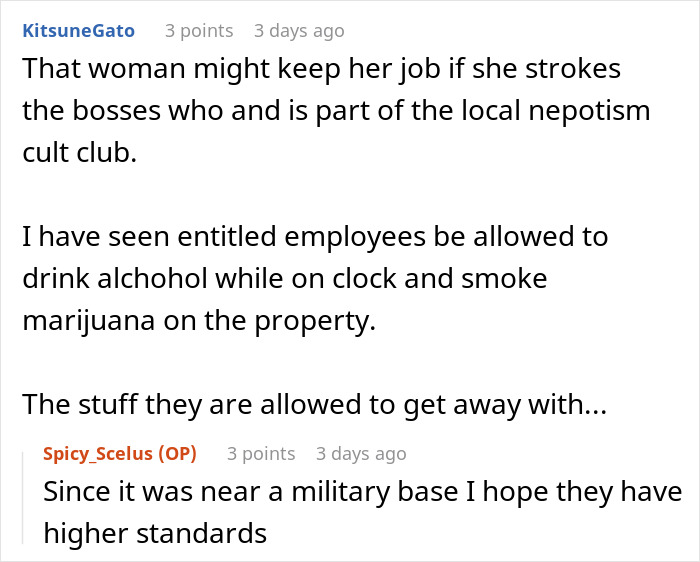 Text exchange discussing Walmart employee behavior and nepotism.