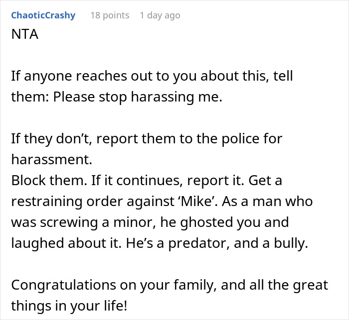 Reddit post offering advice on dealing with harassment from ex who abandoned pregnant girlfriend.
