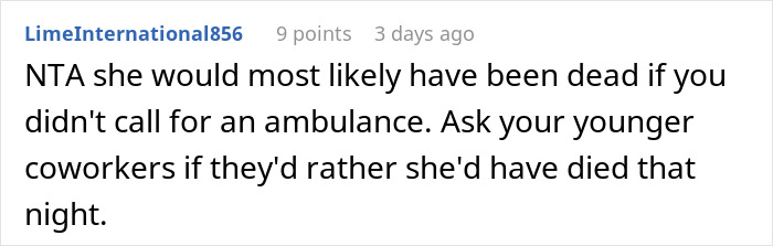 Screenshot of a comment discussing calling an ambulance for a coworker.