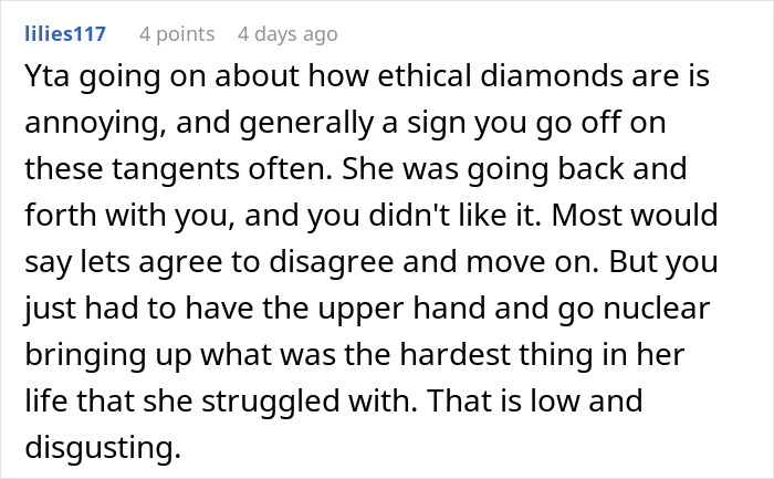 Online comment discussing ethical diamonds and a personal disagreement. Online comment discussing ethical diamonds and a personal disagreement.