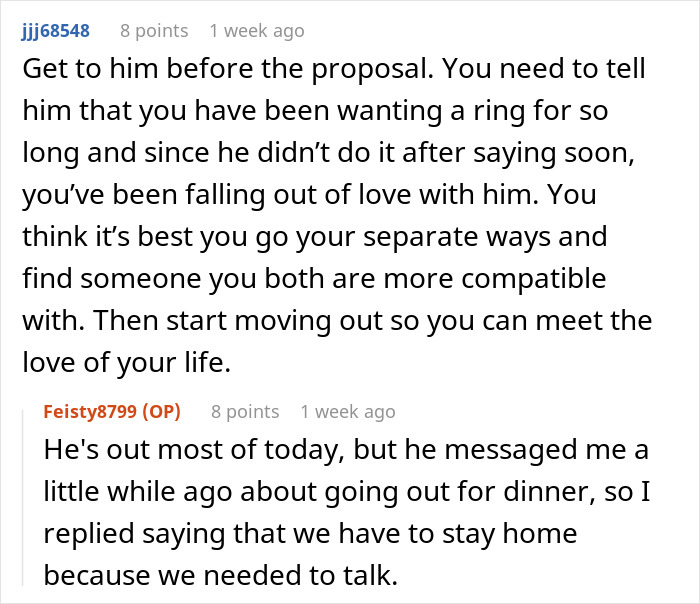 Text conversation discussing ring proposal and relationship advice.