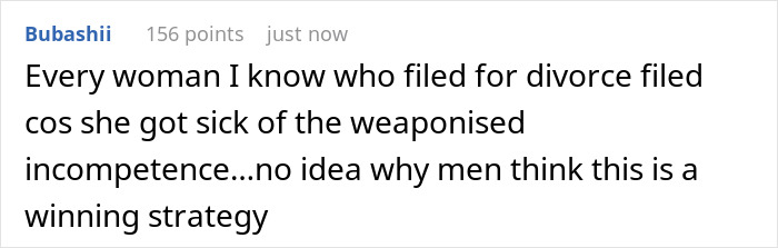 Text exchange discussing divorce due to weaponized incompetence, highlighting marital struggles.