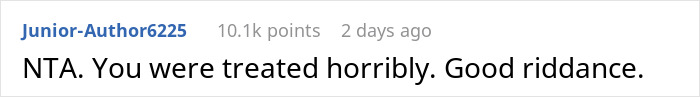 Screenshot of Reddit comment saying, "NTA. You were treated horribly. Good riddance," related to husband choosing family over wife.