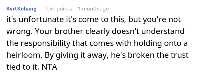 Reddit comment discussing a family heirloom dispute and broken trust.