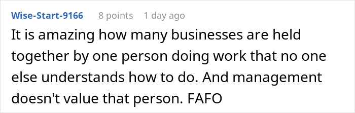 Text from online comment about management and irreplaceable employees.