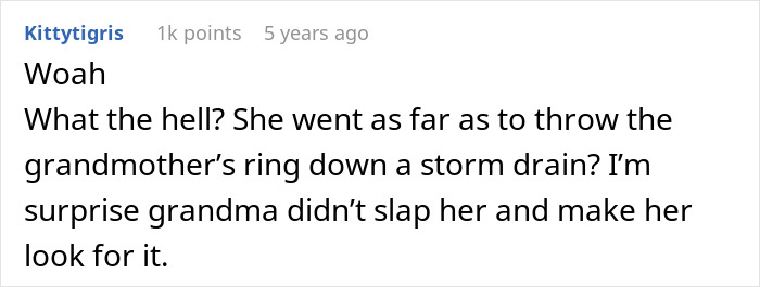 Text post discussing surprise and disbelief about throwing a mother-family-heirloom-ring down a storm drain. Text post discussing surprise and disbelief about throwing a mother-family-heirloom-ring down a storm drain.