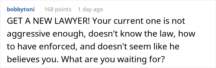 Reddit comment advising a couple to hire a new lawyer for handling family disputes and legal issues.