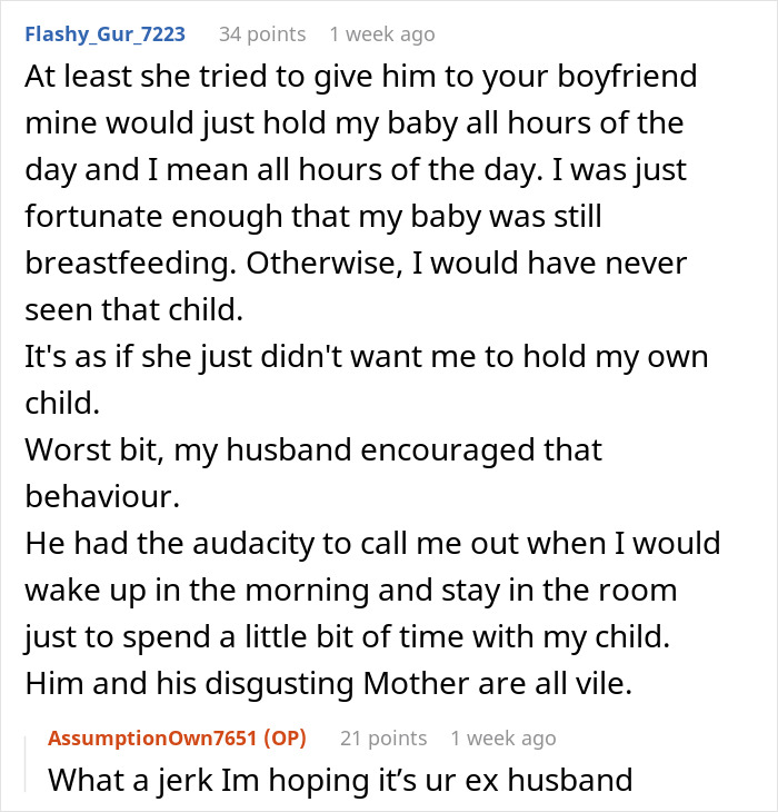 Text exchange discussing a mil-hold-baby-drama, expressing frustration about a mother-in-law's behavior and husband's support.