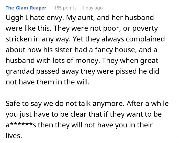 Text describing family conflict over envy and wealth, from an anonymous online post.